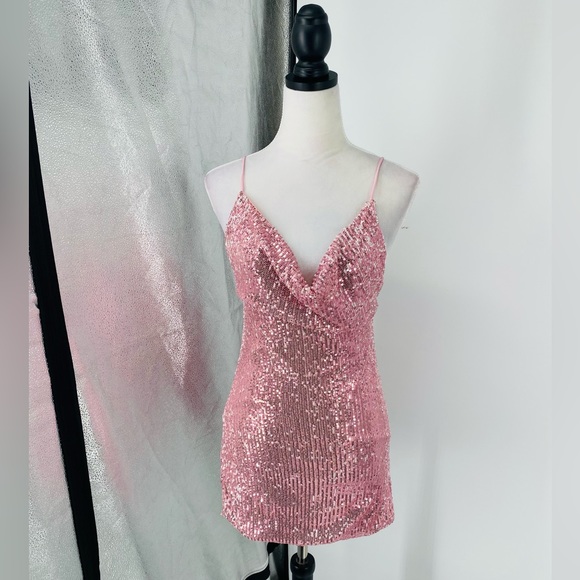 Pink Sequins Sleeveless Cowl Neck Open Back Backless Bodycon Mini Dress - Picture 7 of 16